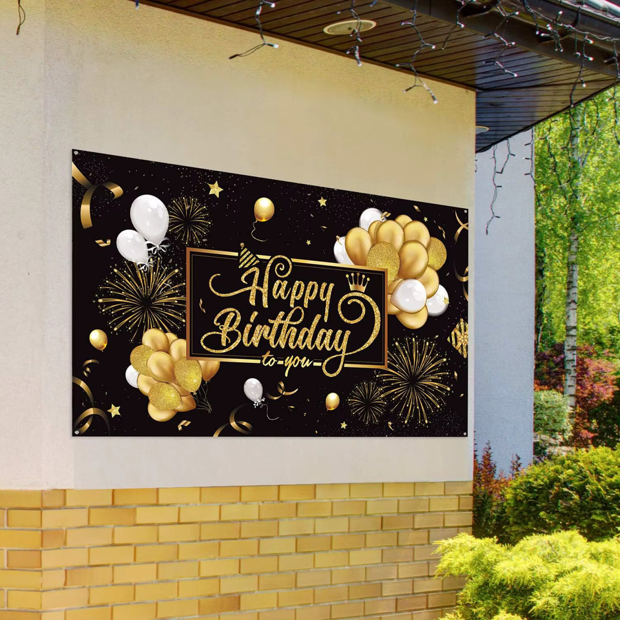 OURFETE Happy Birthday Hintergrundbanner aus Polyester in Schwarz-Gold mit Sternen und Buchstaben, Fotografie-Hintergrund für Geburtstagsfeiern, Breite: 185 cm, Höhe: 110 cm - Bild 5