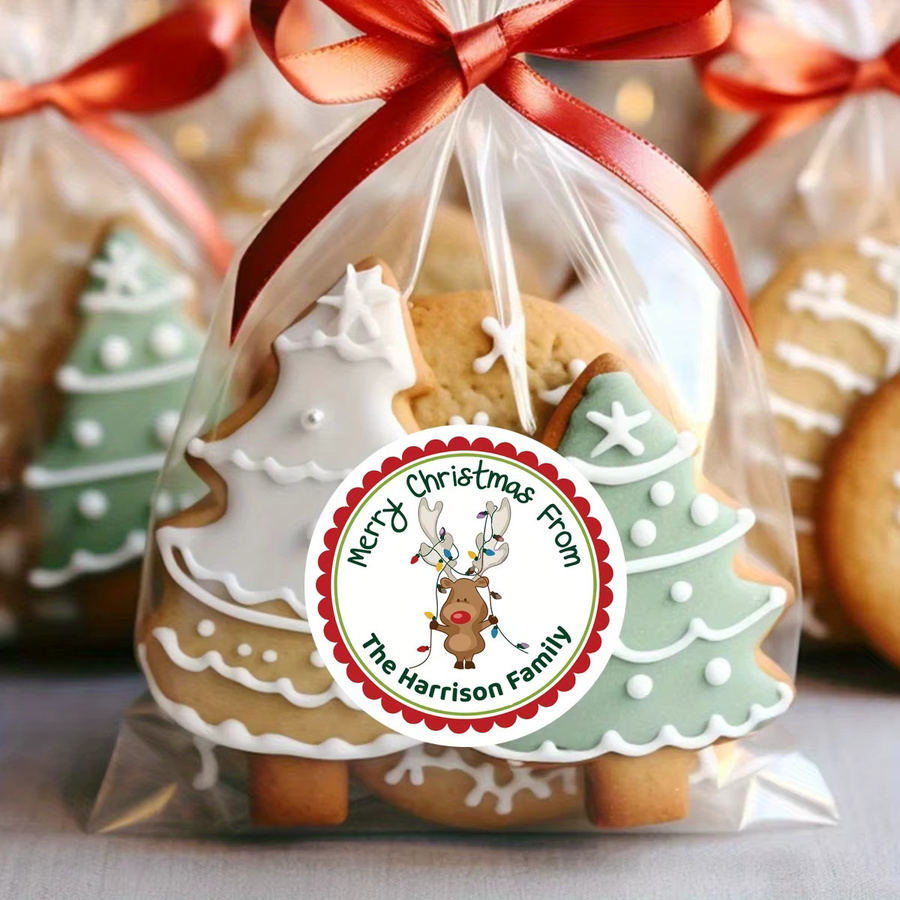 Personalisierte Rentier-Weihnachtsaufkleber Harrison Family Merry Christmas runde Etiketten aus Papier, Mehrfarbig, Durchmesser: 4 cm bis 7 cm - Bild 6
