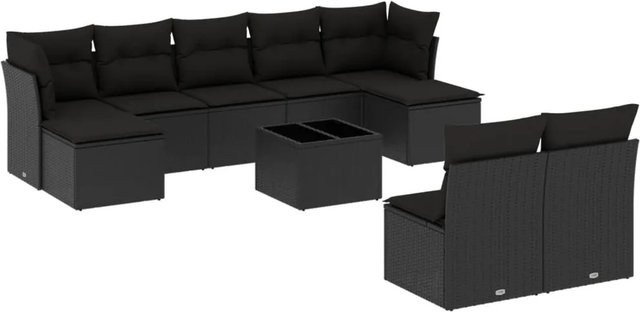 vidaXL 10-tlg Garten-Sofagarnitur in L-Form aus Polyrattan mit Kissen in Schwarz - Bild 1