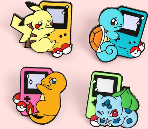Bandai Pokémon Gameboy Emaille-Pins-Set, 4-teiliges Set, Pikachu-Freunde, Bulbasaur, Charmander, Reversbrosche, Abzeichen - Bild 1