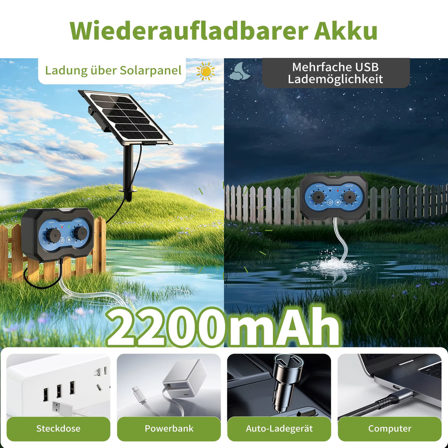 Forever Speed Solar Teichbelüfter mit Akku und USB-Doppelladen, Aufladbare Sauerstoffpumpe für Teich, Aquarium und Fischzucht in Schwarz mit 146 einstellbaren Modi - Bild 4