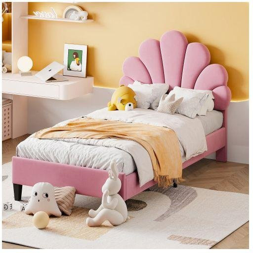 MUVOE Kinderbett mit floralem Kopfteil in Pink aus MDF und Stoff, B/T: 90 x 200 cm - Bild 1
