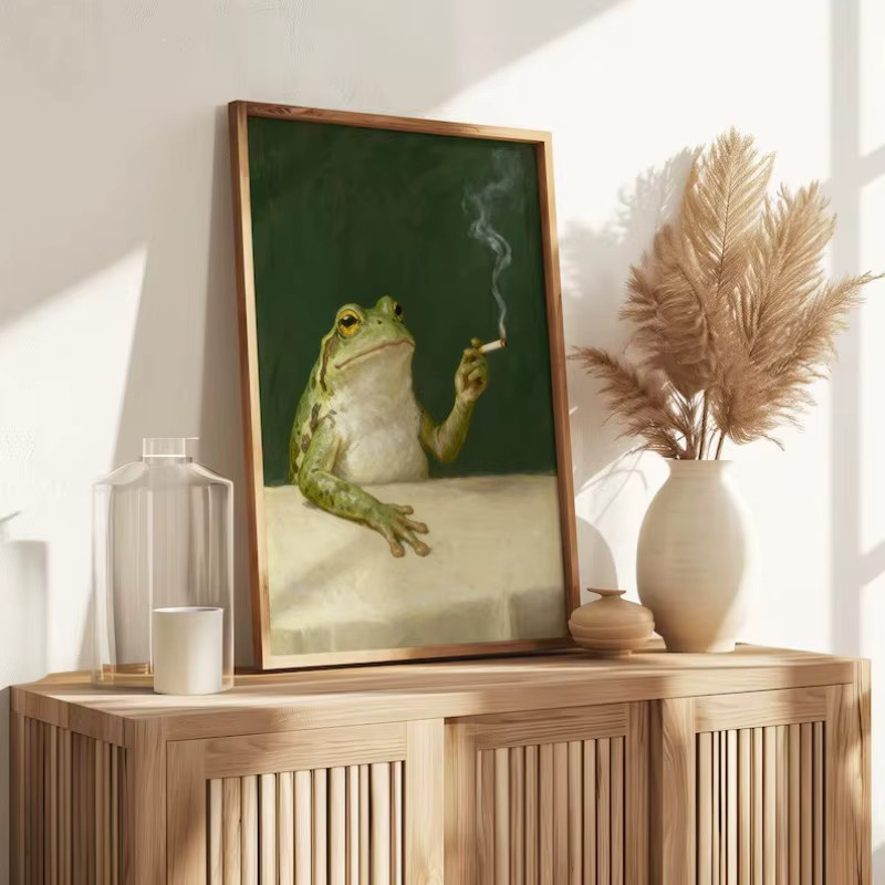 Potdemiel Vintage Leinwandgemälde mit rauchendem Frosch in Mehrfarben, Wandkunst im Moody-Stil für dein Wohnzimmer - Bild 2