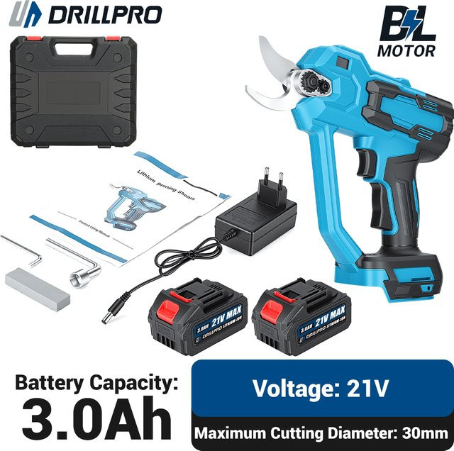 Drillpro Elektrische Gartenschere mit 30mm Schneidwerkzeug, Bürstenloser Motor, Digitalanzeige und automatischer Geschwindigkeitsregelung, Blau - Bild 1