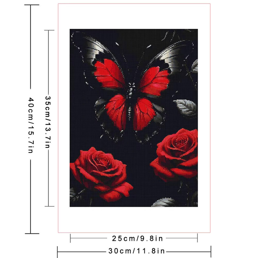 Huacan Diamant-Gemälde Schmetterling mit roten Rosen als runde Wanddekoration in Rot und Schwarz - Bild 2