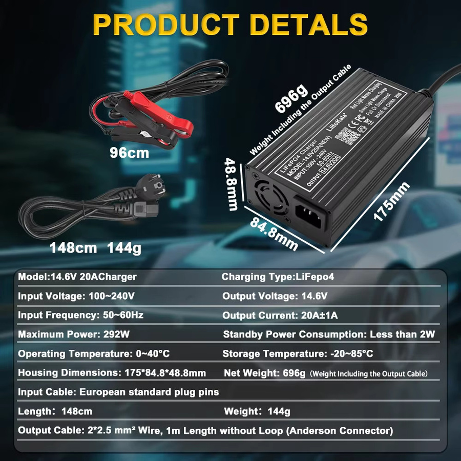 Liitokala 4S LiFePO4 Batterieladegerät 14,6 V 20A mit EU und US Stecker sowie DC Adapter und Clips, Schwarz - Bild 2