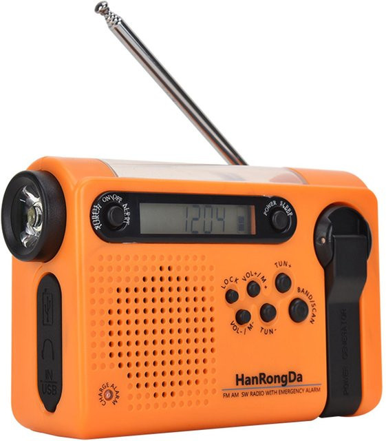 HanRongDa Outdoor-Notfallradio mit AM/FM/SW-Empfang, solarbetrieben mit Handkurbel, LED-Taschenlampe und 2000-mAh-Akku, Orange - Bild 1