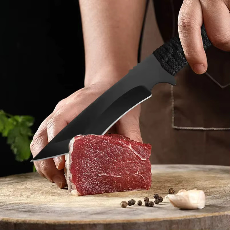 InLeung Chefmesser mit Edelstahlgriff und Seil in Schwarz für Fleisch, Fisch und BBQ - Bild 3