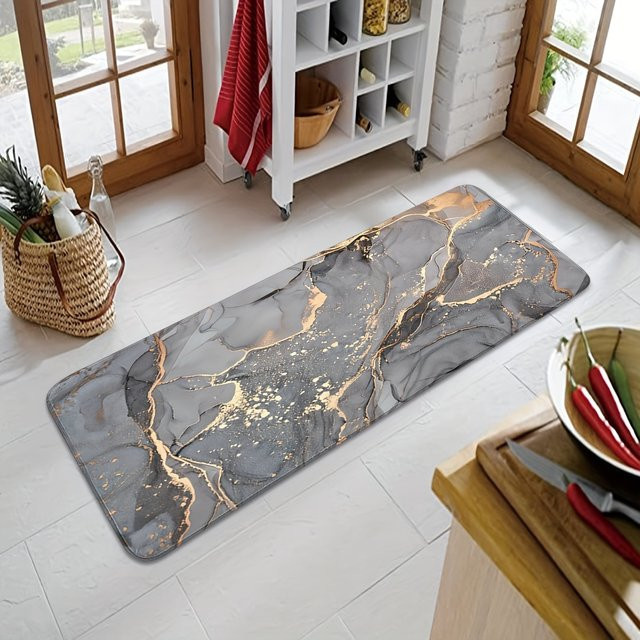 VIKAMA Abstrakter Marmorteppich mit geometrischen Goldlinien in Grau und Gold für Wohnzimmer, Schlafzimmer oder Küche - Bild 1