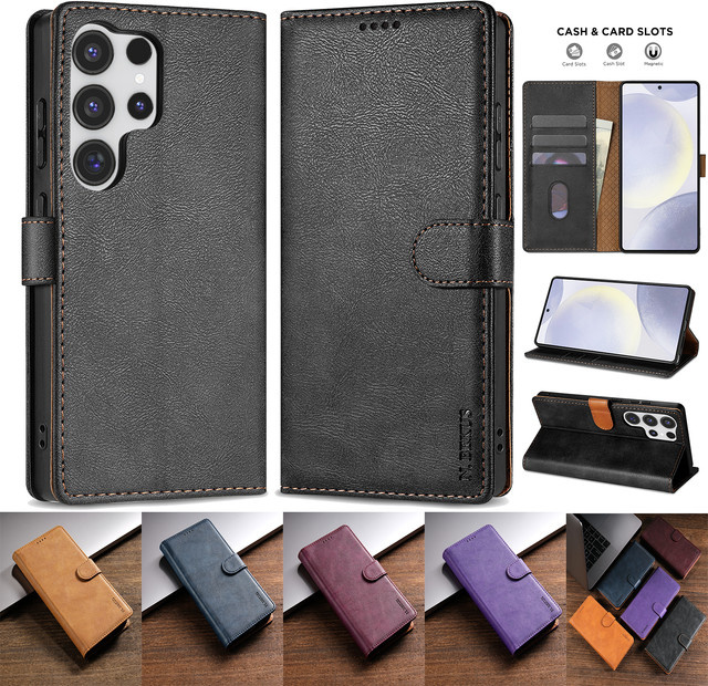 Magnetische Luxus Ledertasche für Samsung Galaxy S25 S24 FE S23 S22 Plus S21 Ultra in Schwarz mit Kartensteckplatz und Brieftaschenfunktion - Bild 1