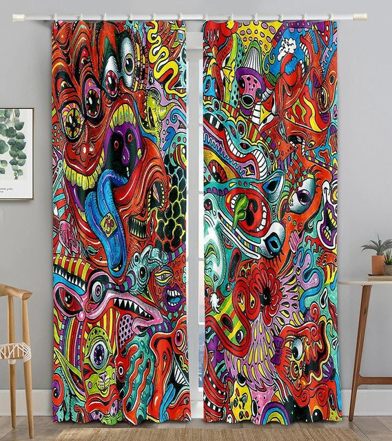 Yiran Furniture Boho-Vorhang aus Polyester mit Grafikdruck, halbtransparent, Mehrfarbig, B: 50 cm, H: 160 cm, 2er-Set mit Ösen - Bild 1