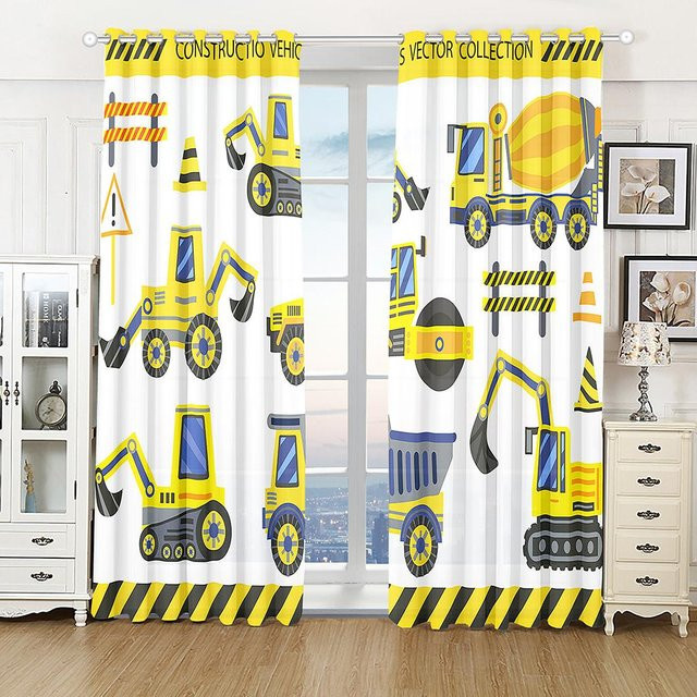 Yiran Furniture Kinder Vorhänge mit Cartoon Auto Lkw Bagger Motiv, 2er Set, halbtransparent, Polyester, Mehrfarbig, B: 50 cm, H: 160 cm - Bild 1