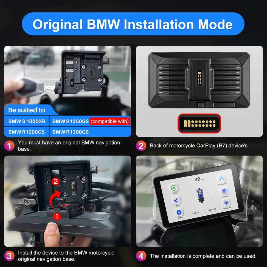 IYING 7 Zoll Motorrad CarPlay Display mit Android Auto und GPS, IP67 wasserdicht, kompatibel mit BMW R1250GS R1300GS R1200GS und Wonder Wheel, Schwarz - Bild 4