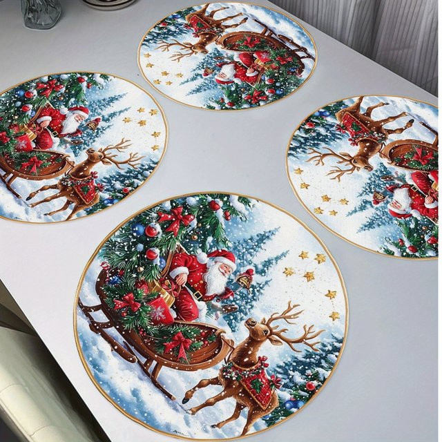 VIKAMA 4-teiliges Weihnachtsmann-Schlitten-Tischset aus Leinen mit Rentier und goldenen Sternen, rund, mehrfarbig - Bild 1