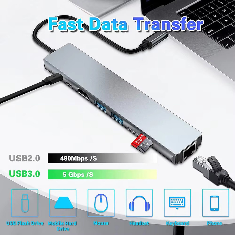 8 in 1 USB-C Hub Adapter in Silber mit 4K HD HDMI, RJ45 Ethernet, SD/TF Kartenleser und PD Schnellladefunktion für MacBook und Notebook - Bild 3