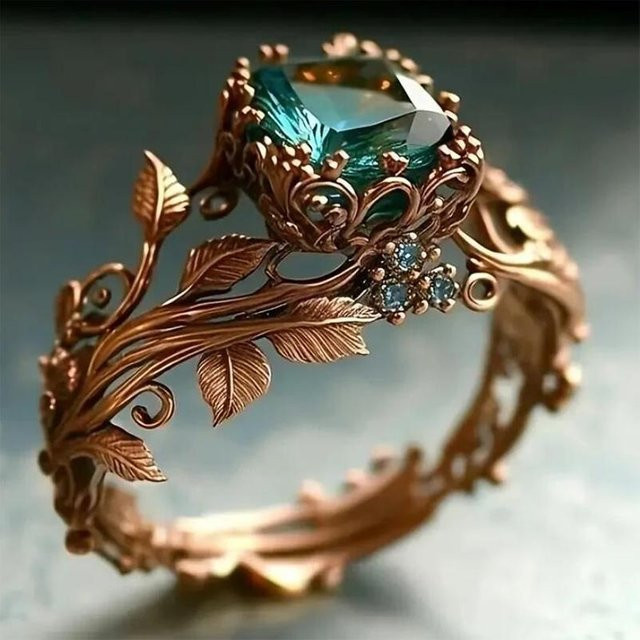 Huitan Ring Roségold, Blatt Design, grüner Zirkonia, Damen - Bild 1