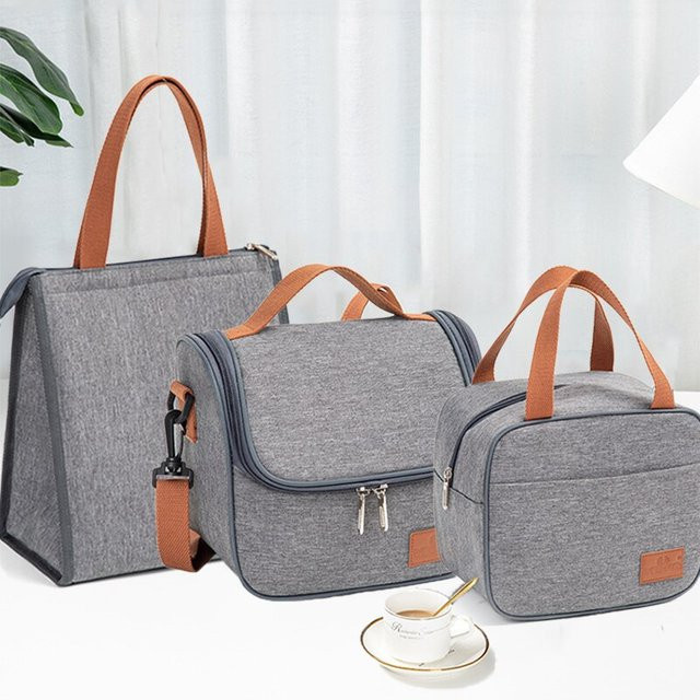 Isolierte Thermo-Lunch-Tasche in Grau aus wasserdichtem Oxford-Stoff mit Aluminiumfolien-Isolierung und Umhäntegurt - Bild 1