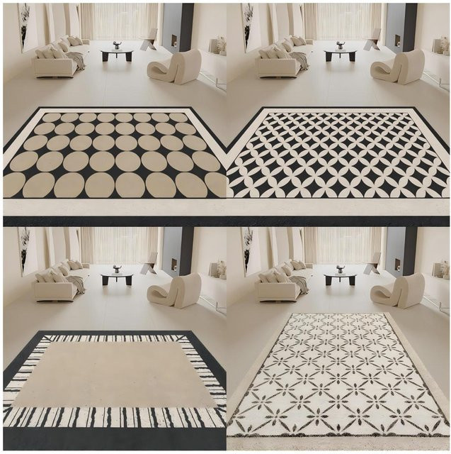 VIKAMA Abstrakter Schlaufenstapel-Teppich in Schwarz und Weiß, geometrisches Patchwork-Design, rutschfeste Bodenmatte für dein Wohnzimmer - Bild 1