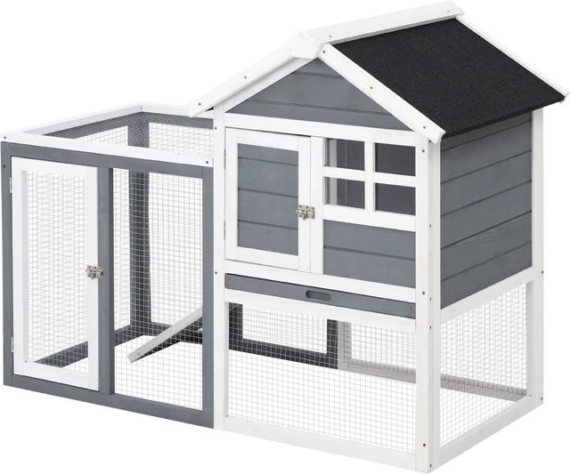 PawHut Kaninchenstall aus Tannenholz in Grau Weiß Schwarz B: 122 cm, T: 62,6 cm, H: 92 cm - Bild 1