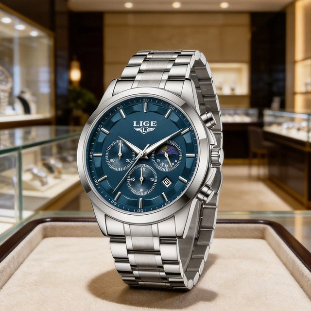 LIGE Herren-Armbanduhr Chronograph, Quarz, Edelstahl, Blau, Herren - Bild 1