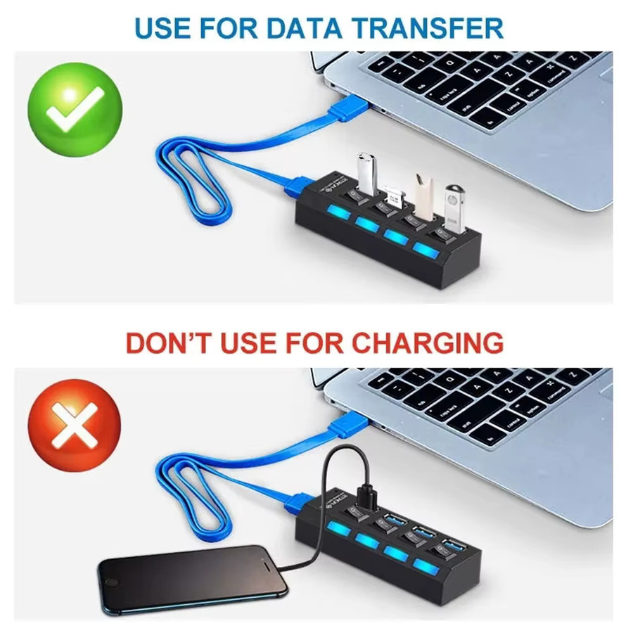 MZX 7-Port USB-Hub Konzentrator mit Schalterkabel, USB 2.0 Multi-Splitter Mehrfach-Erweiterungsadapter in Schwarz - Bild 5