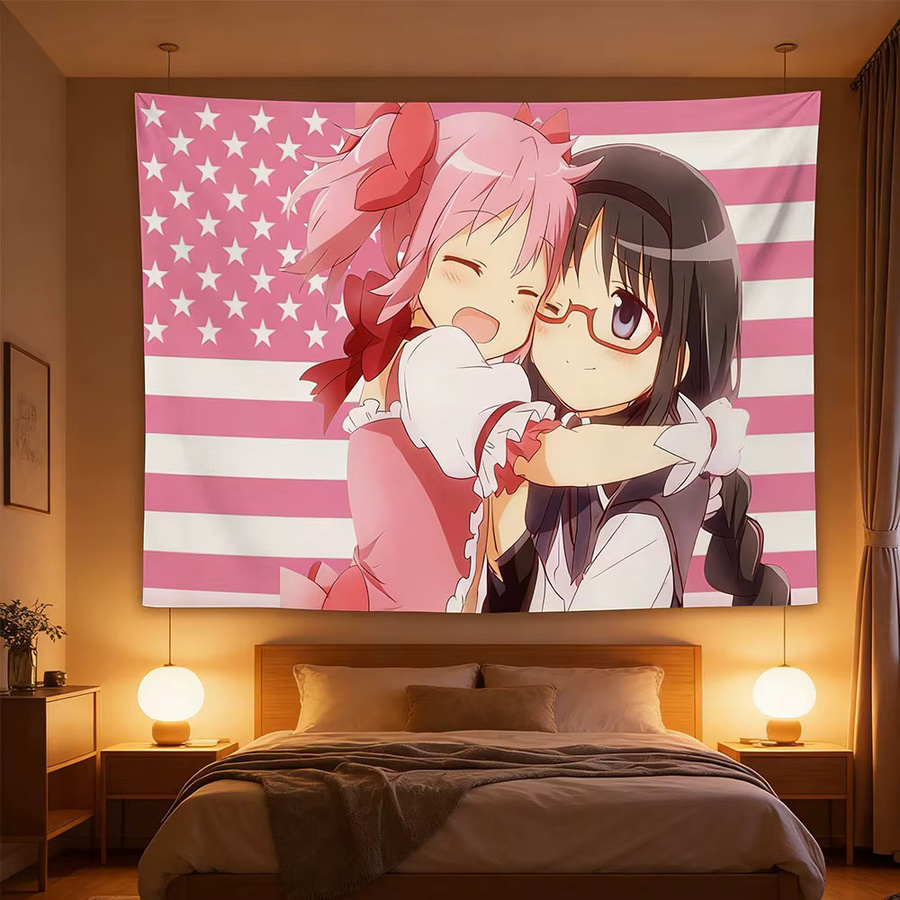 Madoka & Homura Hugging USA Flag Wandbehang aus Polyester, Mehrfarbiger Textil-Wandbehang für dein Schlafzimmer und Wohnzimmer, B/H: 40 x 60 cm - Bild 3