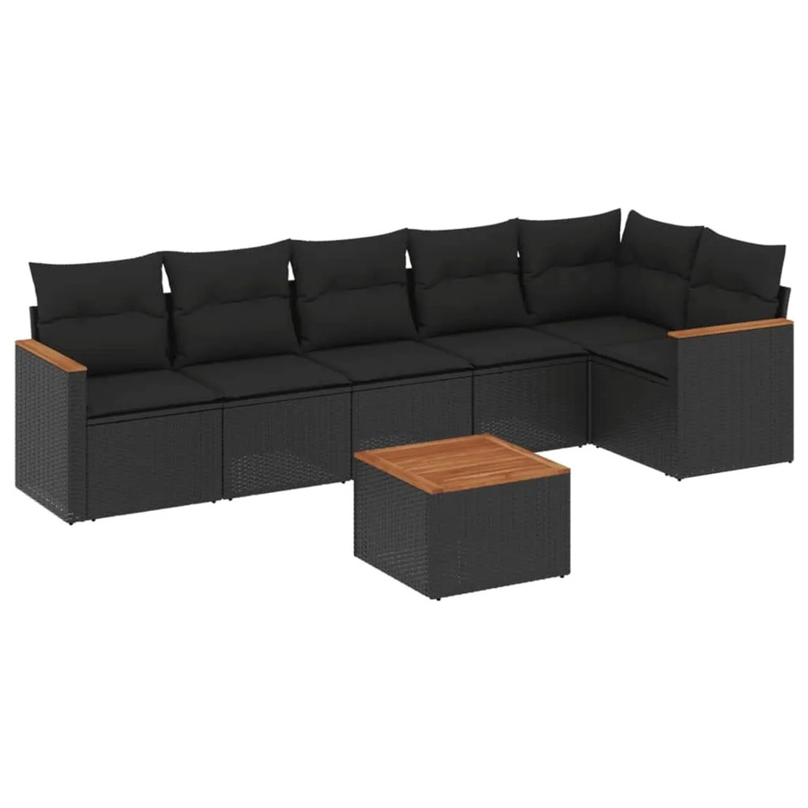 vidaXL 7-teilige Garten-Sofagarnitur in L-Form aus schwarzem Poly-Rattan mit Kissen und pulverbeschichtetem Stahlgestell - Bild 2