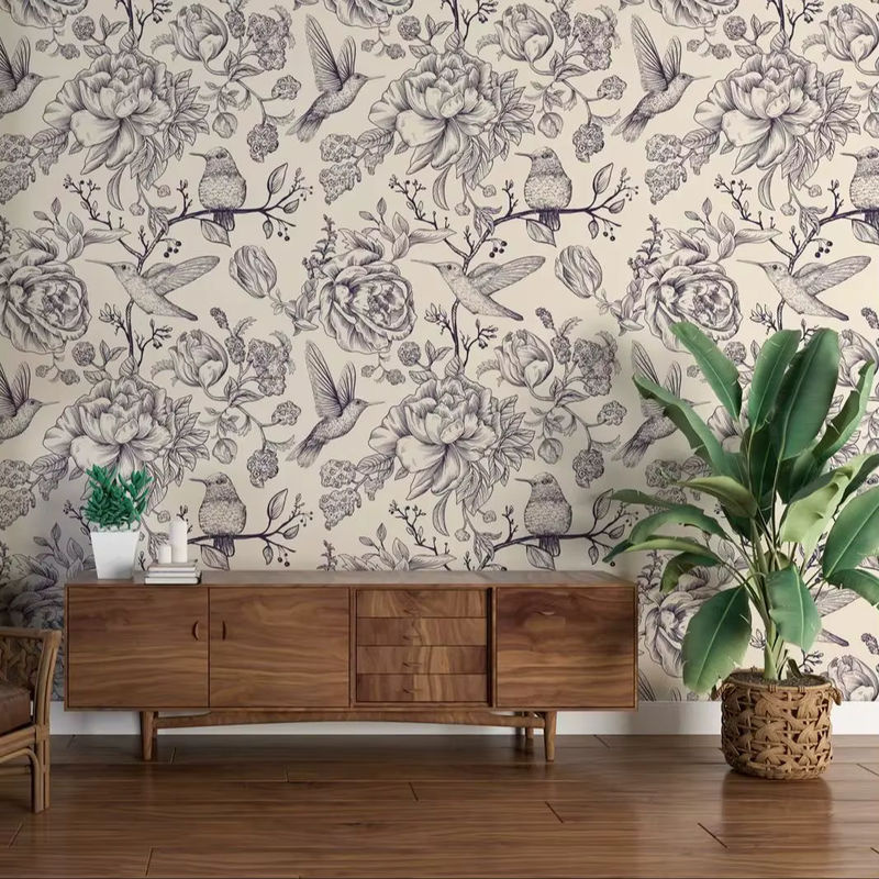 Pixel&Wall Tapete Kolibris und Blumen im Retro-Stil, abnehmbare Vlies Tapete, Multicolor - Bild 4