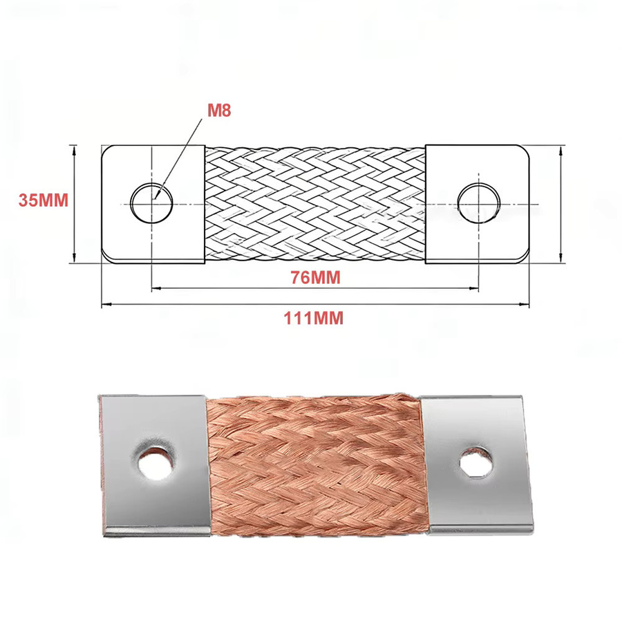 Flexibler Kupferverbinder 300A M8 aus Rotkupfer, geflochtenes Busbar-Band für LiFePO4 Batterien, 74 mm Länge - Bild 3