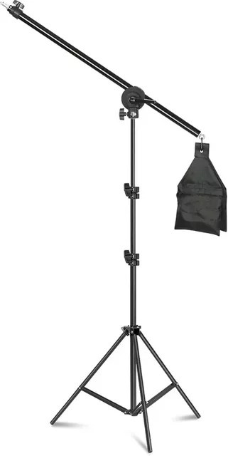 SH Lichtstativ mit 2 m Höhe und 135 cm freitragendem Auslegerarm in Schwarz inklusive Sandsack zur Unterstützung deiner Softbox-Beleuchtung im Fotostudio - Bild 1