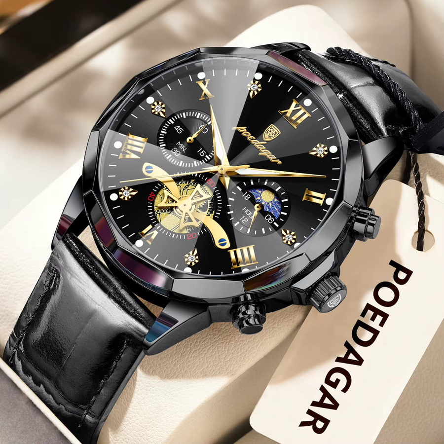 POEDAGAR Armbanduhr Chronograph, Quarz, Leder, Schwarz, Herren - Bild 2