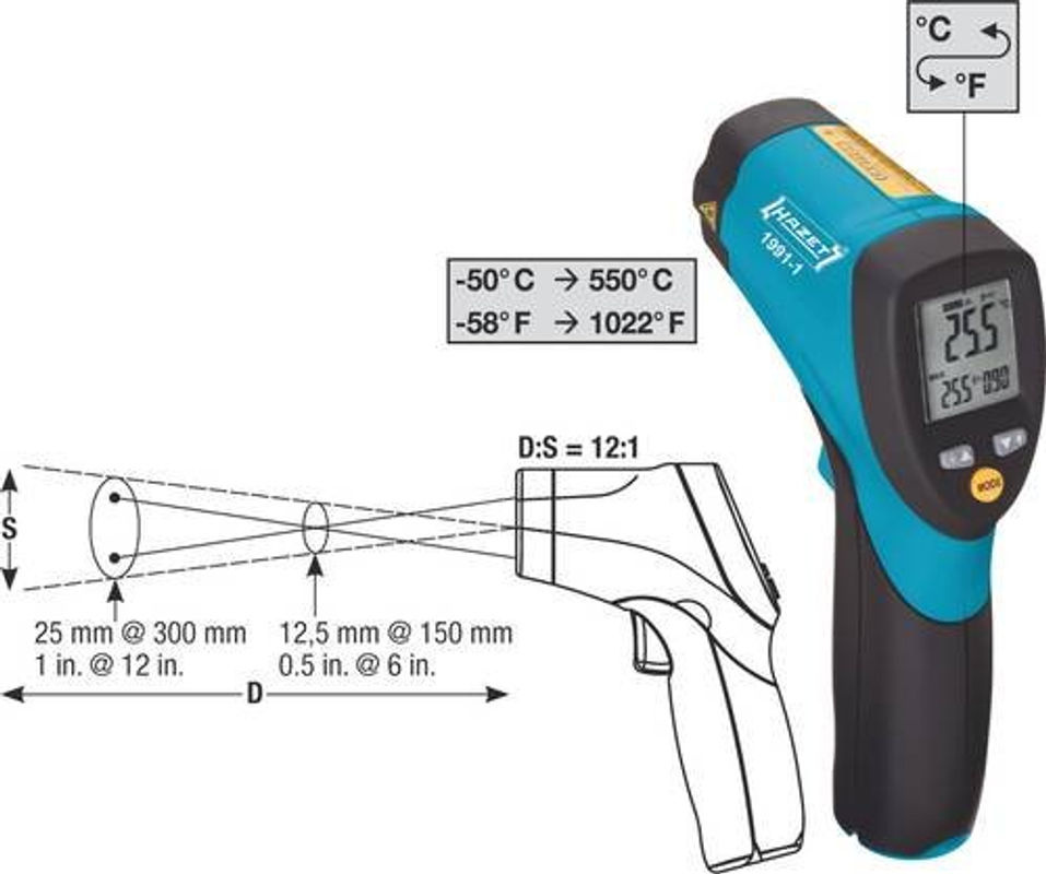 Hazet Infrarot-Thermometer 1991-1 Schwarz mit 12:1 Optik Messbereich -50 bis +550 °C - Bild 2