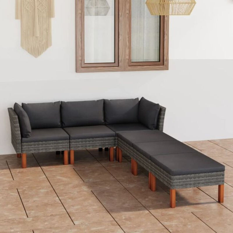 6-teiliges modernes Gartenlounge-Set mit Kissen aus Poly-Rattan in Grau von vidaxl - Bild 1