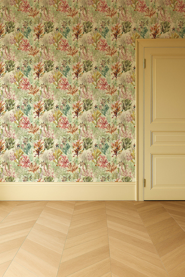 Clarke & Clarke Wallpaper Oceana Coral mit floralem und maritimem Design in Pink, Green und Multicolour als Vlies Tapete - Bild 1