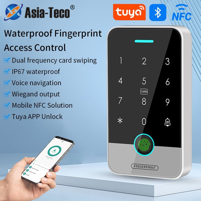 Asia-Teco IP67 Zugangskontrolltürsystem in Schwarz mit Tuya RFID, NFC, Bluetooth, Fingerabdruck und Tastatur für Remote Unlock via Wifi Gateway - Bild 1
