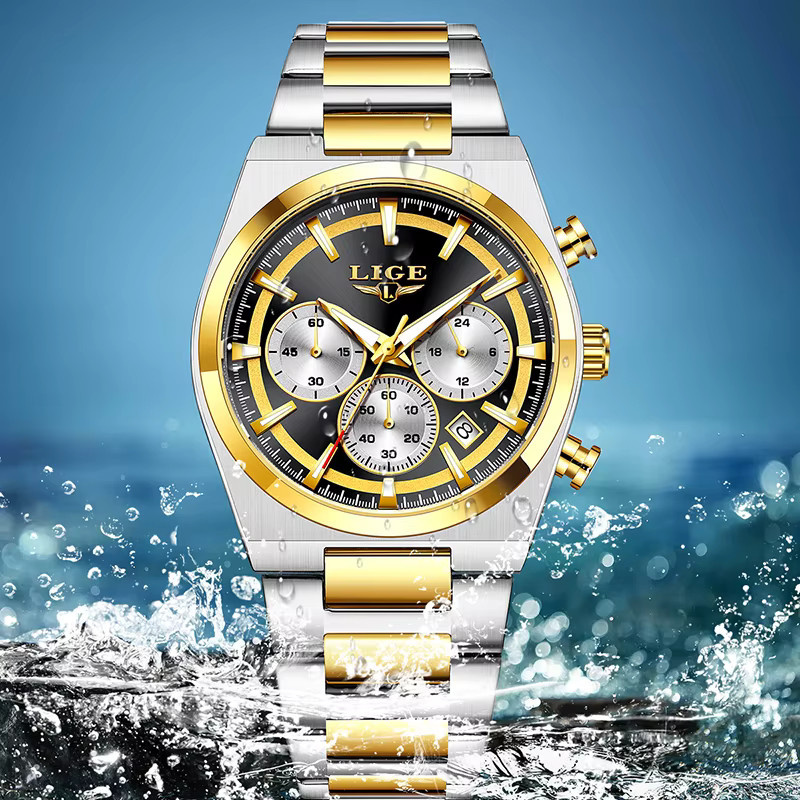 LIGE Chronograph Armbanduhr, Quarz, Edelstahl, Schwarz, Herren - Bild 3