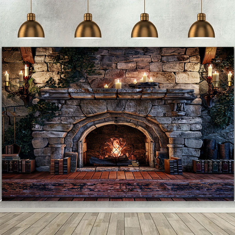 Fotohintergrund mit lebendigen Flammen, Kamin, magischen Büchern und Kerzen in Silber, B/H: 150 x 100 cm - Bild 1