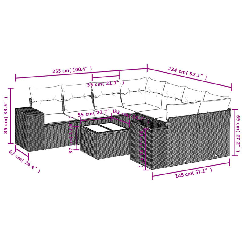 Vidaxl 9-teiliges Gartenmöbel-Set aus Polyrattan mit Kissen und Glastisch in Beige - Bild 3