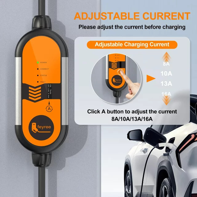 Feyree Tragbares EV-Ladegerät Typ 2 mit 3,5KW und 5m Ladekabel, Einstellbare Stromstärke, Schuko-Stecker, Orange - Bild 1