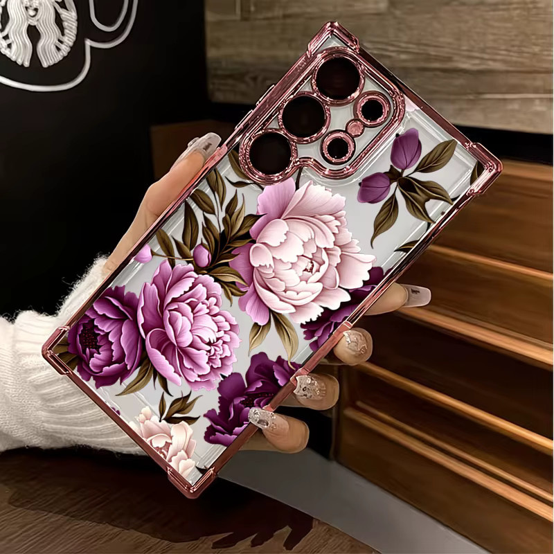 Handyhülle mit lila Pfingstrosen-Muster für Samsung Galaxy S26 S25 S24 Ultra S23 S22 Plus S21 FE A36 A55 A54 A34 A35 A53 A52 5G in Lila und Schwarz - Bild 2