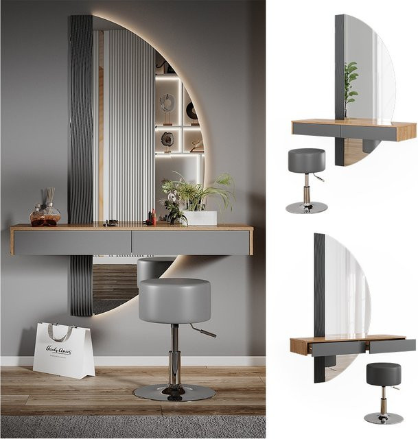 Vicco Schminktisch Melisa mit Beleuchtung und Hocker in Eiche Grau, Breite: 120 cm - Bild 1