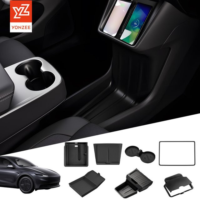 YZ Mittelkonsole Untere TPE-Aufbewahrungsbox und Ladepad-Organizer für Tesla Model Y Standard Juniper RWD 2025 2026, Schwarz - Bild 1