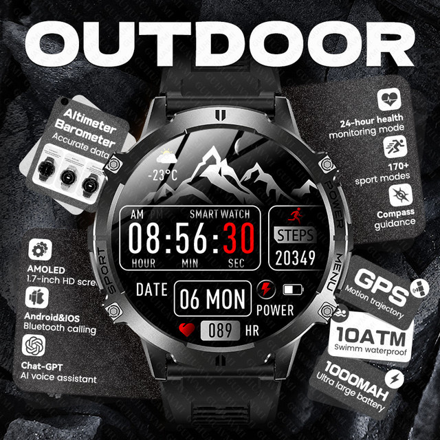 GUHUAVMI Outdoor GPS Smartwatch für Herren in Schwarz mit Bluetooth-Anruf, Höhenmesser, Barometer und Kompass, wasserdicht - Bild 1