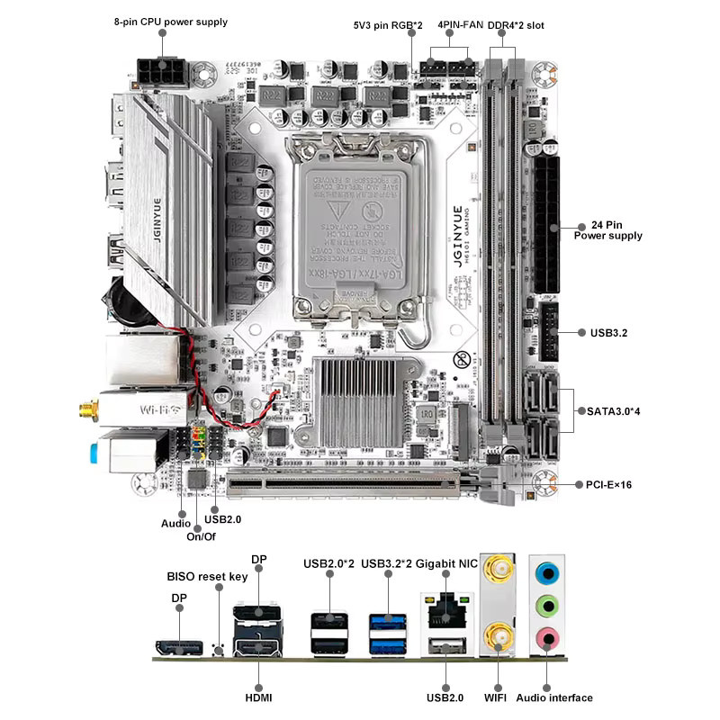 JGINYUE H610 Mini-ITX Motherboard LGA1700 für Intel Core i3/i5/i7/i9 Prozessoren der 12. und 13. Generation, Dual-Channel DDR4, Dual M.2 NVMe, Schwarz - Bild 2