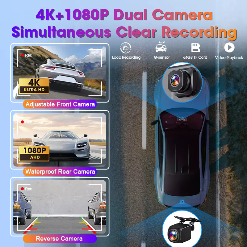 Jansite 11,26 Zoll Auto-Monitor mit 4K UHD Dashcam, Touchscreen, kabellosem CarPlay, Android Auto, GPS und Bluetooth in Schwarz - Bild 2