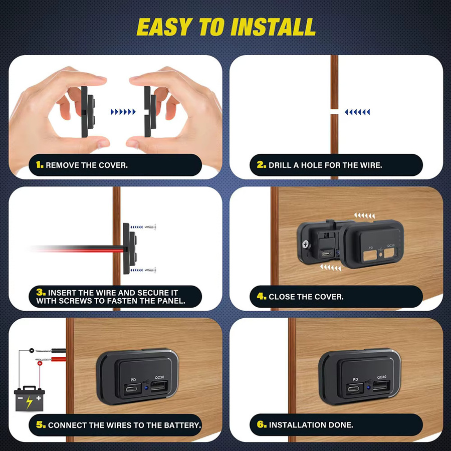 kebidumei Dual USB Auto Ladegerät mit QC 3.0 und PD Schnellladefunktion, Wasserdichtes Power Adapter Panel für 12V/24V, Schwarz - Bild 3