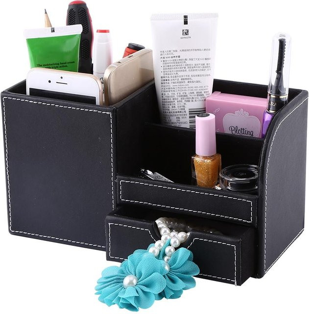 TOMTOP JMS Multifunktions Schreibtisch Organizer aus Holz und Leder in Schwarz mit mehreren Fächern für Schreibwaren und Stifte - Bild 1