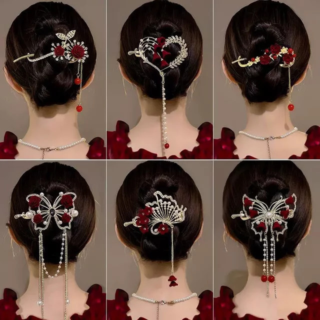 KINKINS Haarspangen, Rosenblüten, Perlen, Quasten, Weinrot, Damen - Bild 1