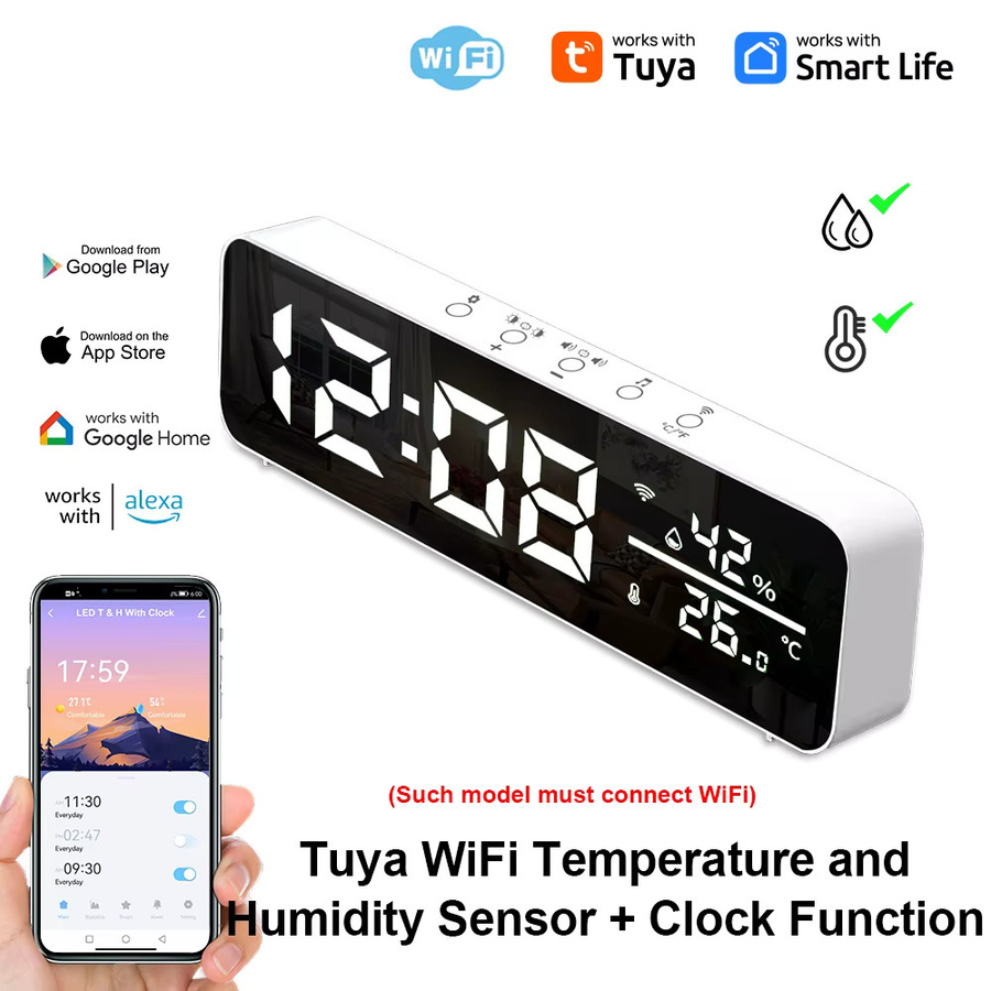 Tuya WiFi Smart Wecker mit Temperatur- und Feuchtigkeitssensor, LED-Display, Green, Smart Life App Steuerung, kompatibel mit Alexa und Google Home - Bild 2