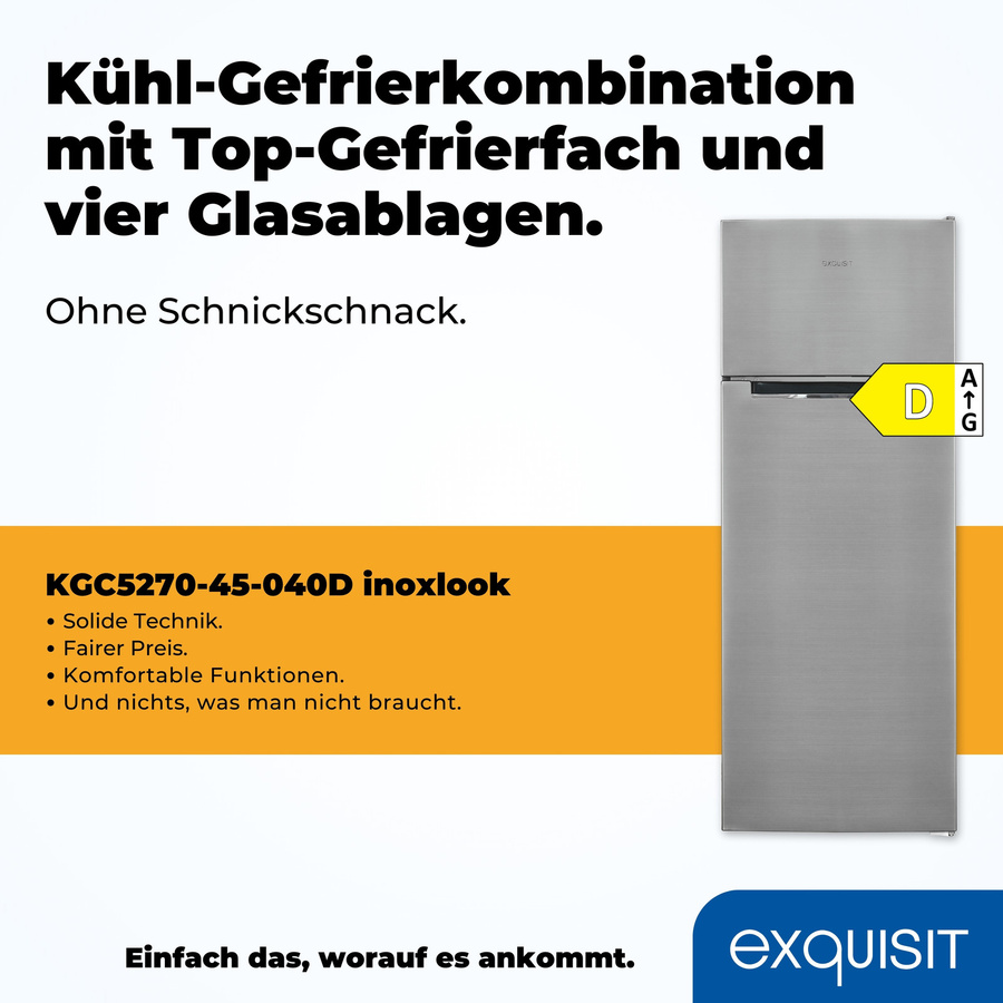 Exquisit KGC5270-45-040D Kühl-Gefrierkombination in Silver mit Inoxlook, Standgerät mit LED-Innenbeleuchtung und Flaschenregal, B/T/H: 55,5 x 60,2 x 169,0 cm - Bild 2